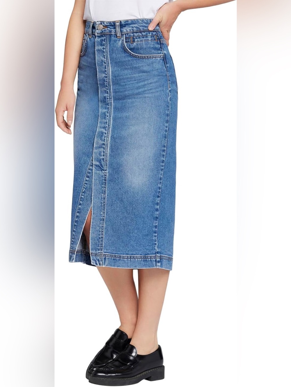 Current /Elliot Classic High Waist Denim Midi Skirt Front Slit. Size 29